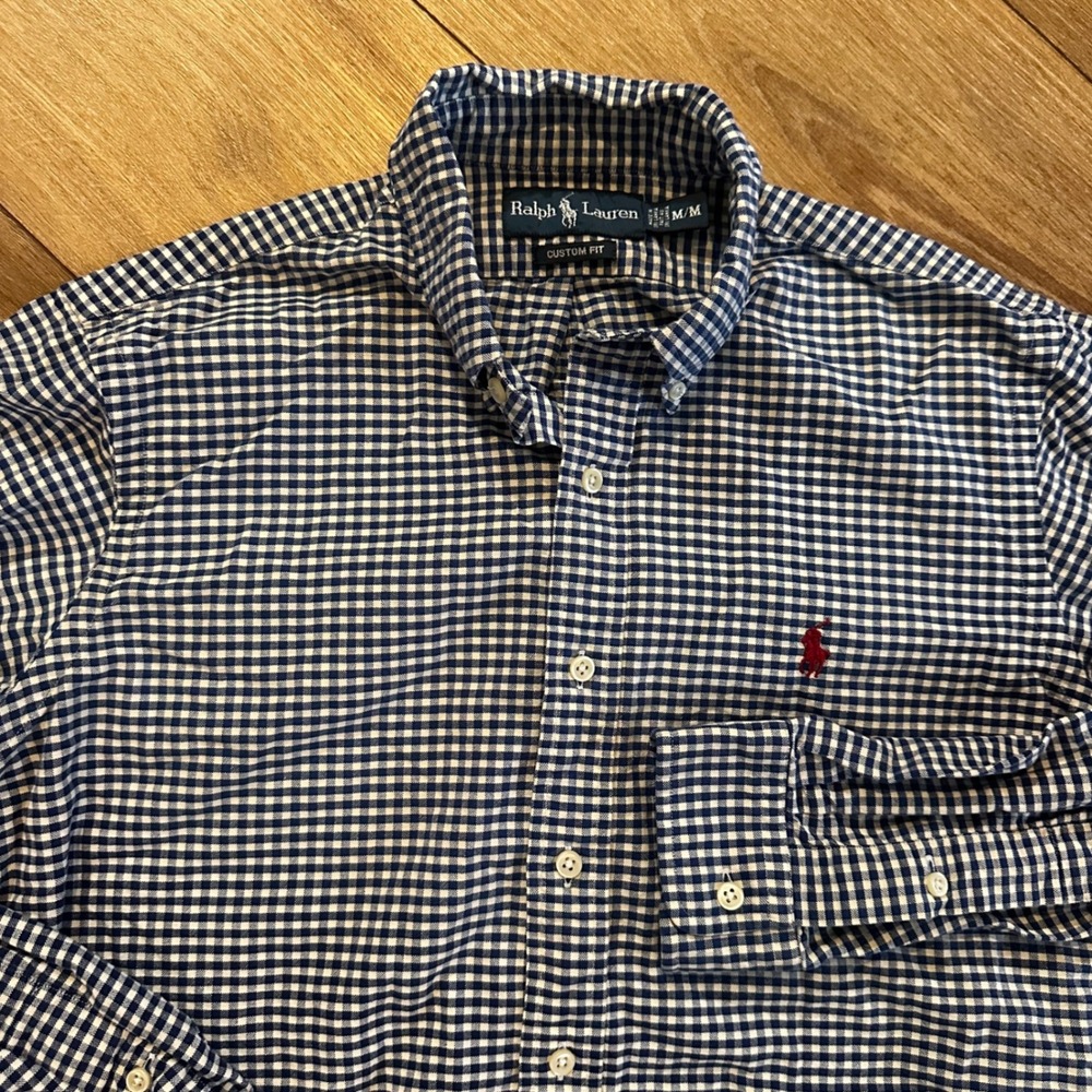 Ralph Lauren Mens Custom Fit Gingham Button Down Shirt Navy Blue White Medium